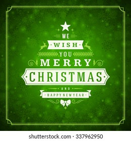 Christmas greeting card lights and snowflakes vector background. Merry Christmas holidays wish message typography design and decorations. Vector illustration.