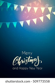 Christmas greeting card lights and snowflakes vector background. Merry Christmas holidays wish message typography design and decorations. Vector illustration.