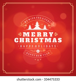 Christmas greeting card lights vector background. Merry Christmas holidays wish design and vintage ornament decoration. Happy new year message. Vector illustration.