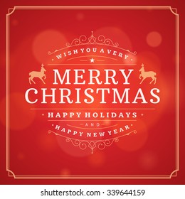 Christmas greeting card lights vector background. Merry Christmas holidays wish message typography design and decorations. Vector illustration.