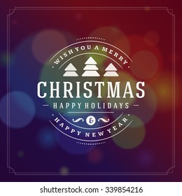 Christmas greeting card lights vector background. Merry Christmas holidays wish message typography design and decorations. Vector illustration.