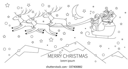 Christmas greeting card line art vector template. Santa Claus with presents bag and reindeers flying in sleigh outline illustration. Merry Xmas congratulation. Winter holiday postcard design