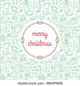 Christmas greeting card with line icon decorative elements. Colorful vector illustration