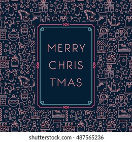 Christmas greeting card with line icon decorative elements. Colorful vector illustration