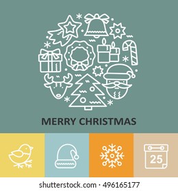 Christmas greeting card with line icons elements. Vector logo for invitation and celebration.