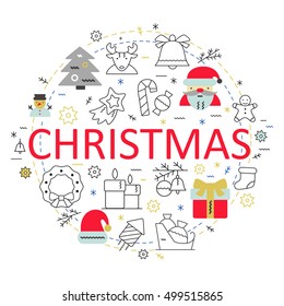 Christmas greeting card with line icons elements. Vector illustration for invitation and celebration.