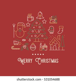 Christmas greeting card with line icons illustration