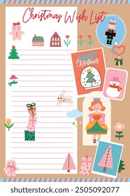 christmas greeting card, Christmas List Template, santa claus set, Vector of a party, Set of Christmas element, cute stickers, Santa letter printable, holiday list for kids, teens , and adults