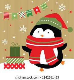 christmas greeting card with little cute penguin