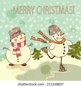 Christmas greeting card with little smile snowmen ski on lake