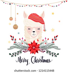 Christmas greeting card with llama, hand lettering and seasonal elements