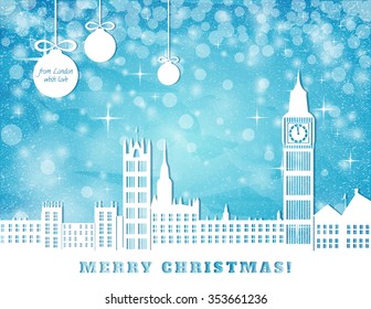 christmas greeting card, London with big ben on blue sky with stars and christmas balls background, cut paper vector illustration