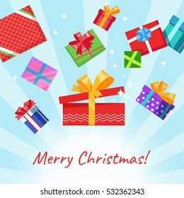 Christmas Greeting card lots of color gift box present surprise bow on textured background. Vector illustration flat color style