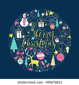 Cartão de saudação de Natal feito em vetor. Letras feitas à mão perfeitas para decorações de férias. Projeto de Ano Novo na moda. Elementos desenhados à mão para cartões perfeitos e convites.