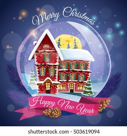 Christmas greeting card  with magic house at night lights background and happy new year wishing flat vector illustration