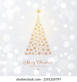 Christmas greeting card with magic christmas tree and snowflakes on white glowing background. Design template with winter holidays illustration