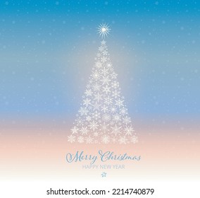 Christmas greeting card with magic christmas tree and snowflakes on winter sky background. Design template with winter holidays illustration.