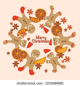 Christmas Greeting Card Wreath Gingerbread Man Cookie with Stars Anise and Dry Oranges. Merry Christmas holiday. New year and xmas celebration. Vector illustration