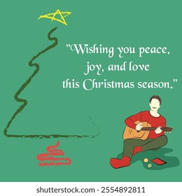 Christmas greeting card with a man playing the guitar in the background
