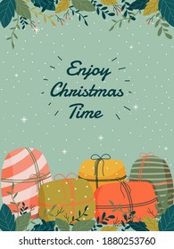christmas greeting card with many gift box and foliage vector illustration. used for digital and printable christmas greeting card