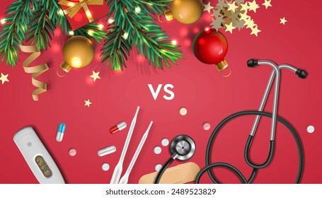 Christmas greeting card for medical and health care concept. Holiday party VS after party. Christmas banner with festive decorations, medical stethoscope, pills and body thermometer, vector image