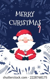 Christmas greeting card with meditating Santa. Botanical dark blue background. Vector illustration in cartoon style.