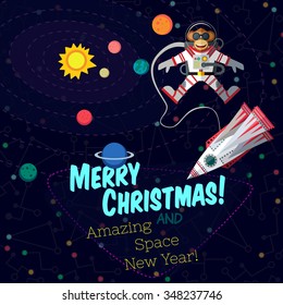 Christmas greeting card: Merry Christmas and amazing space New Year. Monkey astronaut in outer space in flat style. 