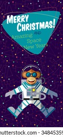 Christmas greeting card: Merry Christmas and amazing space New Year. Monkey astronaut in outer space in flat style. 