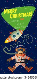 Christmas greeting card: Merry Christmas and amazing space New Year. Monkey astronaut in outer space in flat style. 