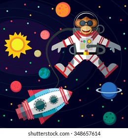 Christmas greeting card: Merry Christmas and amazing space New Year. Monkey astronaut in outer space in flat style. 