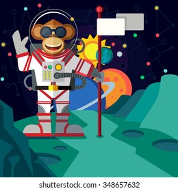 Christmas greeting card: Merry Christmas and amazing space New Year. Monkey astronaut in outer space in flat style. 