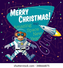 Christmas greeting card: Merry Christmas and amazing space New Year. Monkey astronaut in outer space in flat style. 