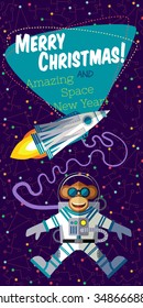 Christmas greeting card: Merry Christmas and amazing space New Year. Monkey astronaut in outer space in flat style. 