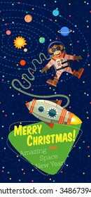 Christmas greeting card: Merry Christmas and amazing space New Year. Monkey astronaut in outer space in flat style. 