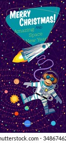Christmas greeting card: Merry Christmas and amazing space New Year. Monkey astronaut in outer space in flat style. 