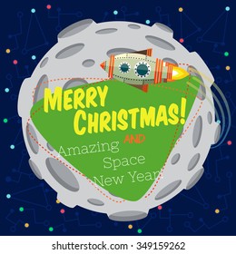 Christmas greeting card: Merry Christmas and amazing space New Year. Monkey astronaut in outer space Ã�Â¾n the Mars in flat style. 