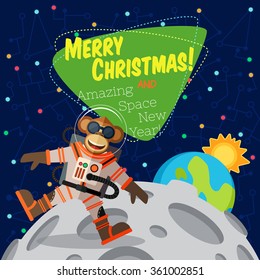 Christmas greeting card: Merry Christmas and amazing space New Year. Monkey astronaut in outer space.