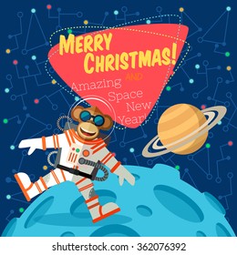 Christmas greeting card: Merry Christmas and amazing space New Year. Monkey astronaut in outer space.