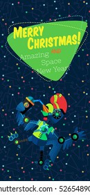 Christmas greeting card: Merry Christmas and amazing New Year. Rooster robot in outer space in flat style.