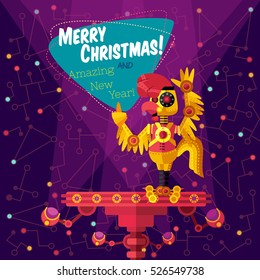 Christmas greeting card: Merry Christmas and amazing New Year. Rooster robot in outer space in flat style.