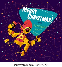 Christmas greeting card: Merry Christmas and amazing New Year. Rooster robot in outer space in flat style.