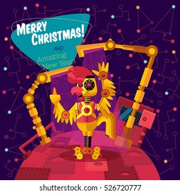 Christmas greeting card: Merry Christmas and amazing New Year. Rooster robot in outer space in flat style.