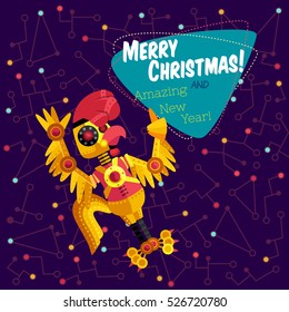 Christmas greeting card: Merry Christmas and amazing New Year. Rooster robot in outer space in flat style.