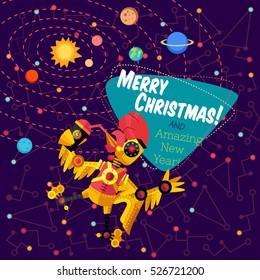 Christmas greeting card: Merry Christmas and amazing New Year. Rooster robot in outer space in flat style.