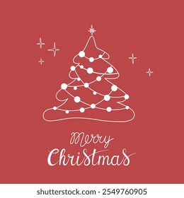 Christmas greeting card with "Merry Christmas" handwritten lettering and Christmas tree on a red background. Simple design for print, social media and more.