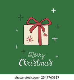 Christmas greeting card with "Merry Christmas" handwritten lettering and gift box on a green background. Simple design for print, social media and more.