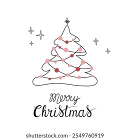 Christmas greeting card with "Merry Christmas" handwritten lettering and Christmas tree on a white background. Simple design for print, social media and more.