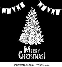 Christmas greeting card. Merry Christmas handwritten text. Christmas tree, flag hand drawn isolated on chalk board background