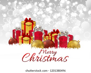 Christmas Greeting Card . Merry Christmas & Happy new year typography, beautiful shiny background &vector illustration, with gift box and golden snowflakes & Lights.