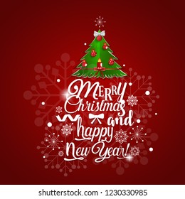 Christmas Greeting Card. Merry Christmas and Happy New Year lettering with Christmas tree, vector illustration.